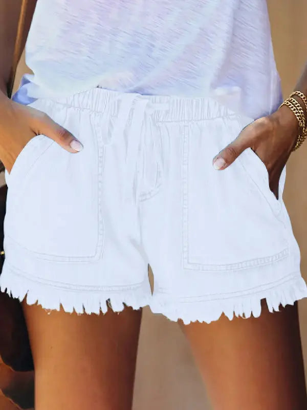 Casual Drawstring High Waisted Denim Fringed Shorts