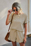Round Neck Striped Top Short Set - 3 Colors
