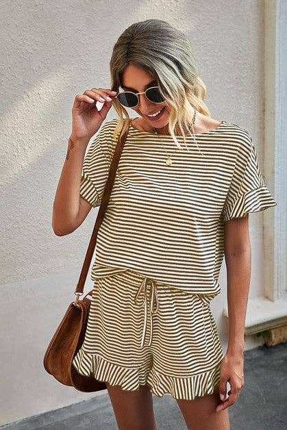 Round Neck Striped Top Short Set - 3 Colors