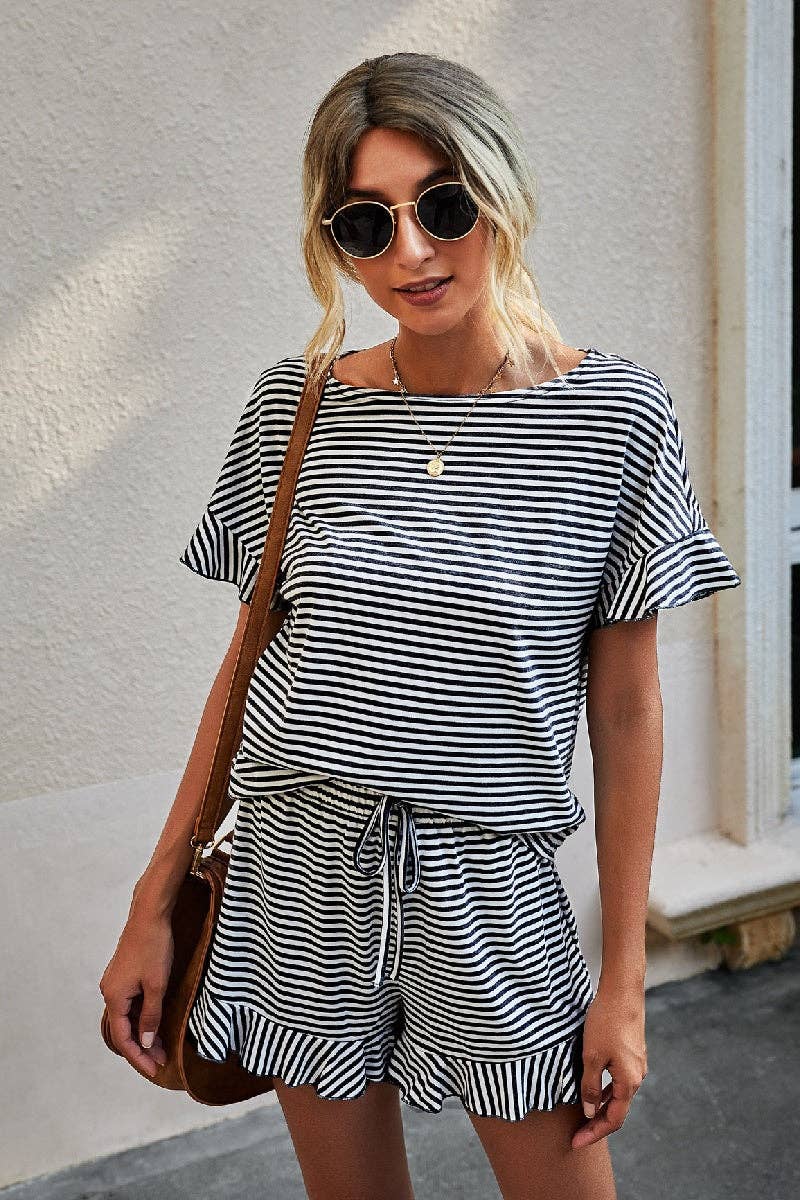 Round Neck Striped Top Short Set - 3 Colors
