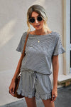 Round Neck Striped Top Short Set - 3 Colors
