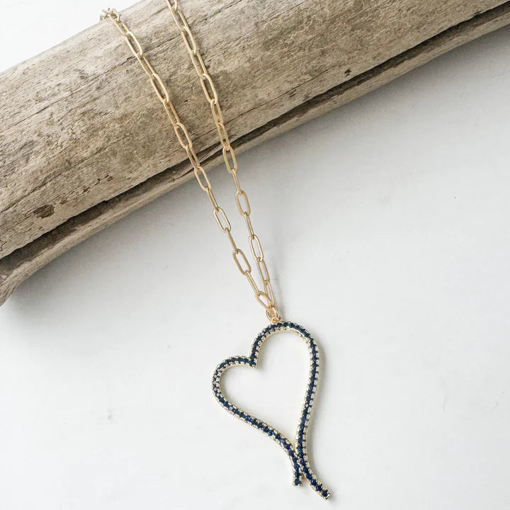 Virtue, Drop Heart Paperclip Necklace, Navy