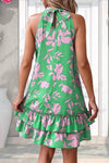 Spring Summer Green Halter Sleeveless Floral Dress