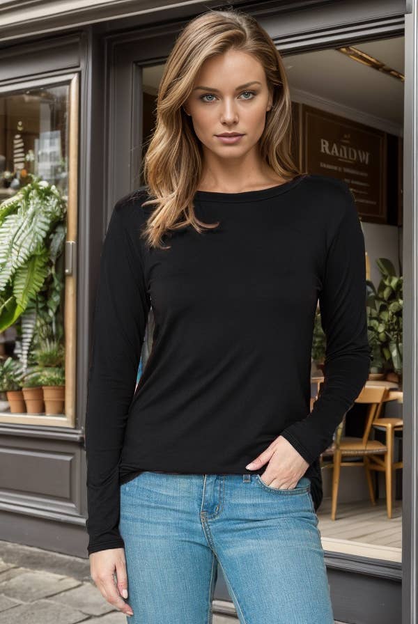 New Rounded Bottom Solid Basic Long-Sleeved Tee - 2 Colors