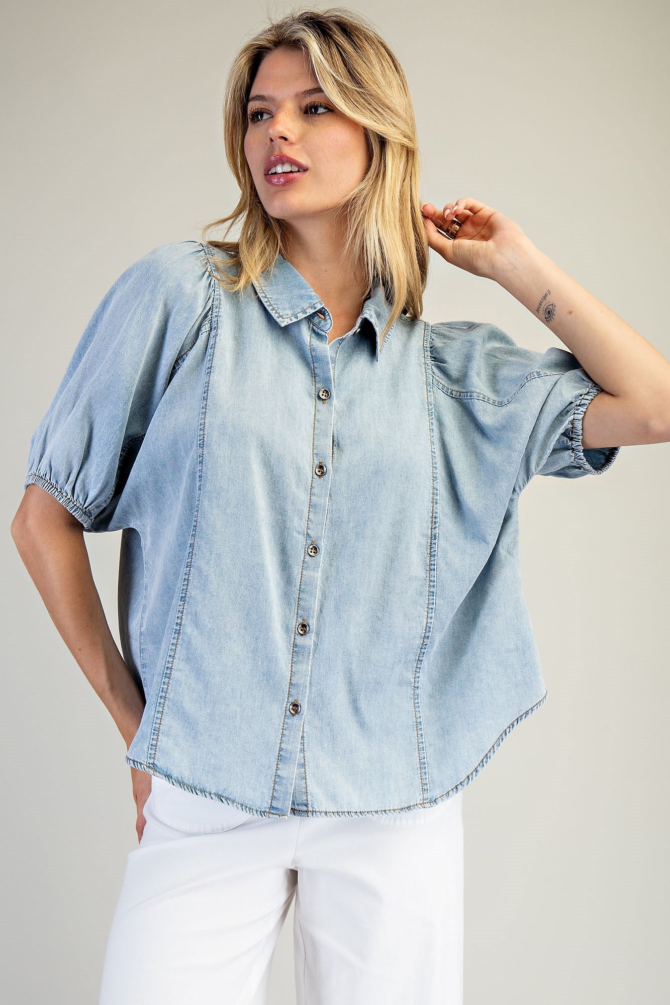 Stone Washed Chambray Button Down Top