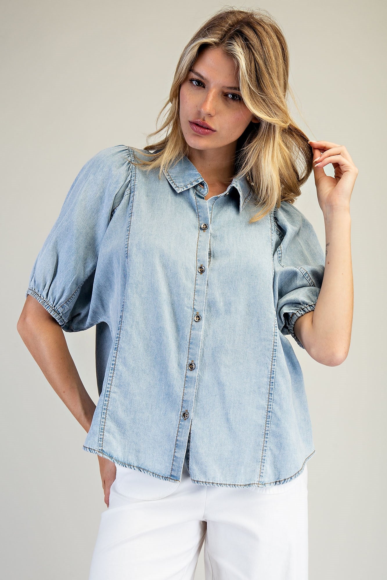 Stone Washed Chambray Button Down Top