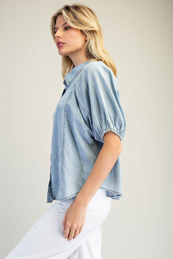 Stone Washed Chambray Button Down Top
