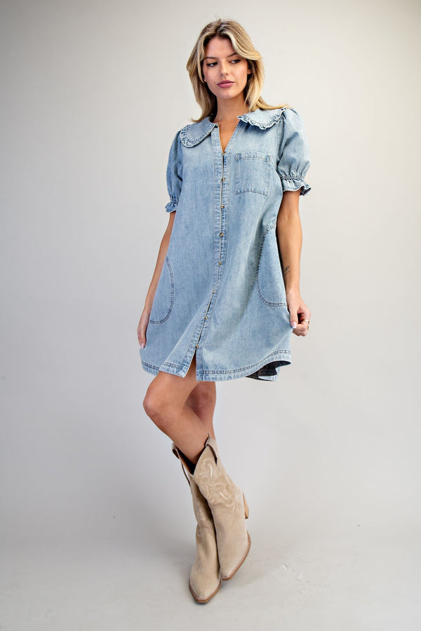 Snow Washed Peter Pan Collar Mini Dress