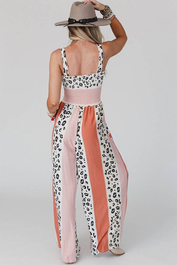 Color Block Leopard Smocked Cami Wide Leg Jumpsuit