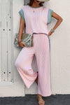 Colorblock Patchwork Short Sleeve Top and Wide Leg Pants
