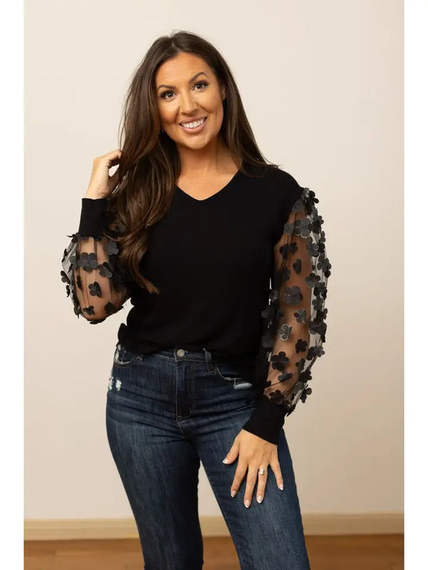Abigail Black Top with Floral Mesh Sleeves