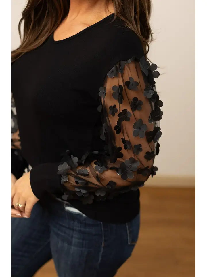 Abigail Black Top with Floral Mesh Sleeves