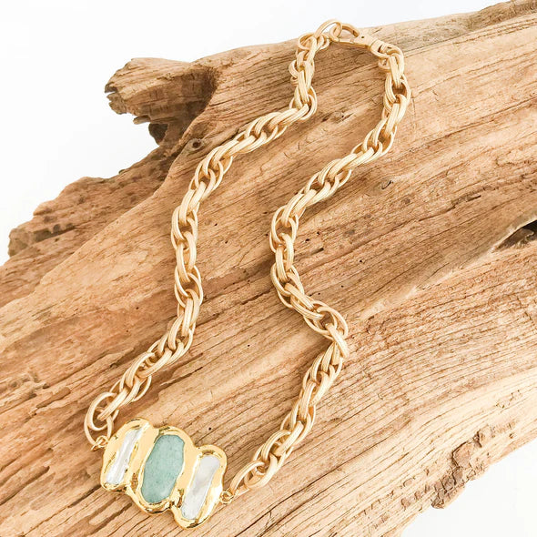 Triple Pearl on Twisted Etched Necklace - Amazonite