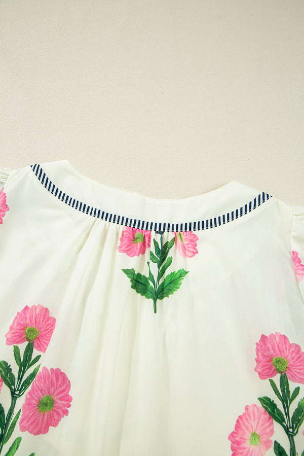 Apricot Floral Short Sleeve Split Neck Loose Mini Dress