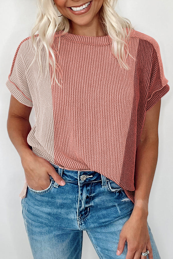 Apricot Pink Textured Colorblock Crew Neck Top