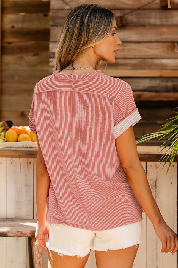 Apricot Pink Textured Colorblock Crew Neck Top
