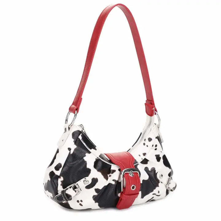 Buckle Baguette Cow Print Shoulder Bag-Red