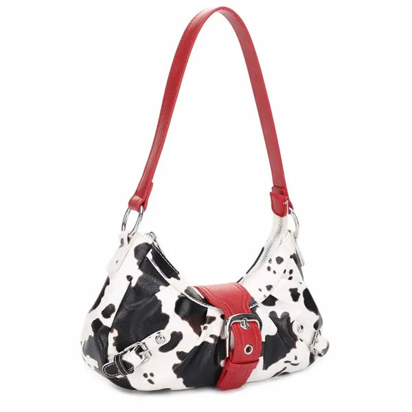Buckle Baguette Cow Print Shoulder Bag-Red