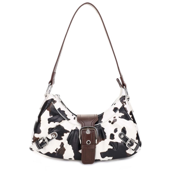 Buckle Baguette Cow Print Shoulder Bag-Chocolate