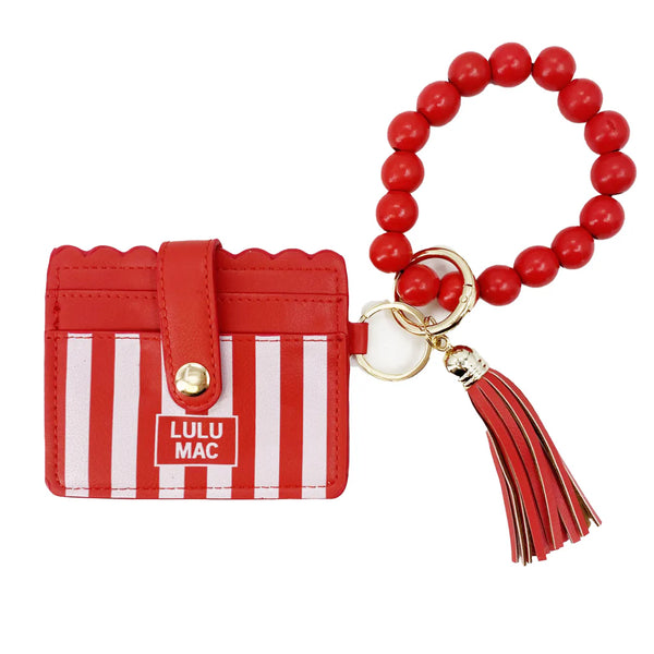 LULU MAC Beaded Wristlet ID Wallet Red or Pink Stripe Darby