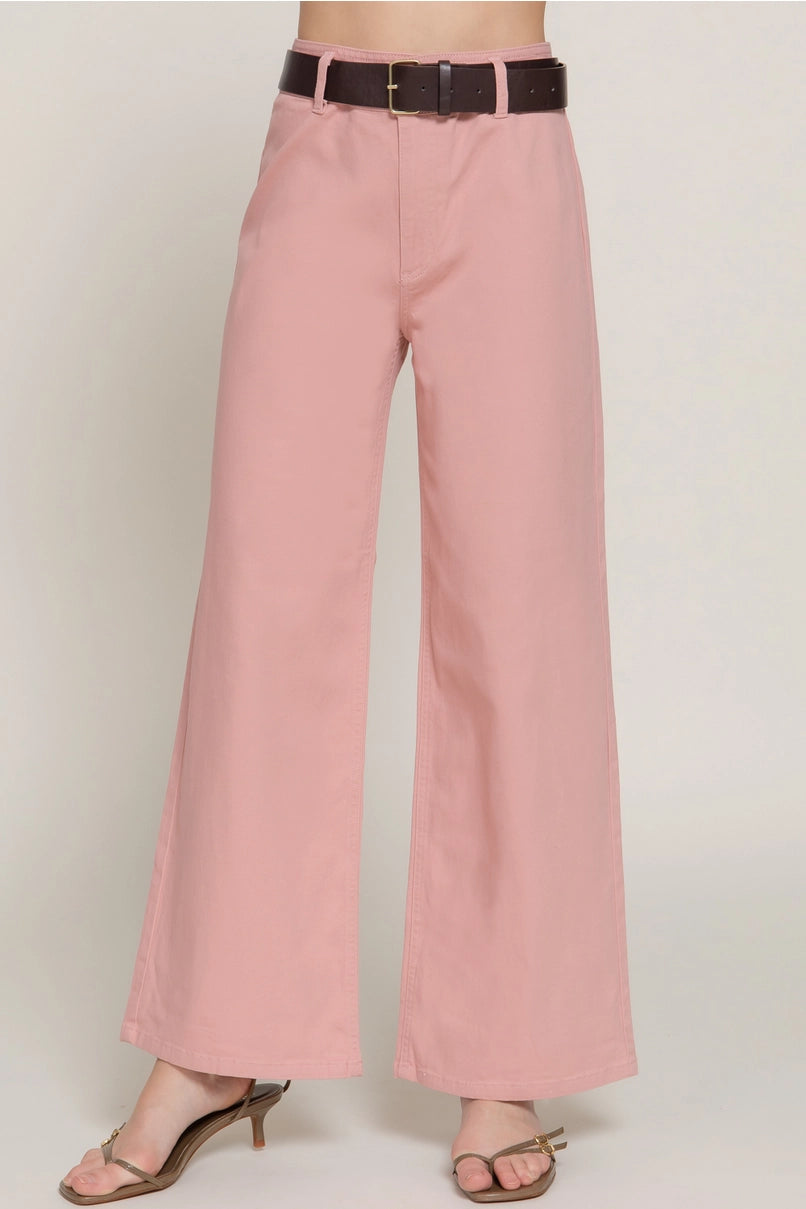 Belted Relaxed Leg Twill Stretch Pants - Pink