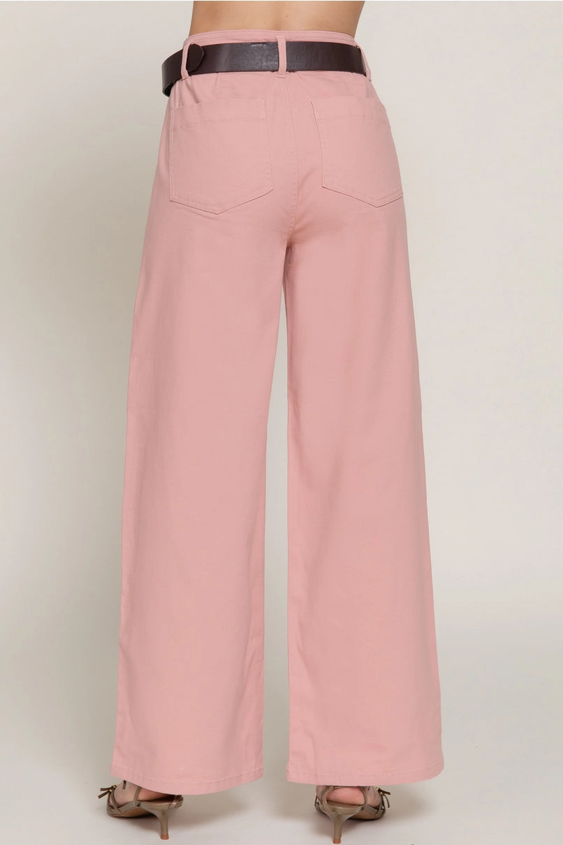Belted Relaxed Leg Twill Stretch Pants - Pink