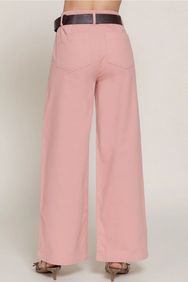 Belted Relaxed Leg Twill Stretch Pants - Pink