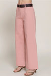 Belted Relaxed Leg Twill Stretch Pants - Pink