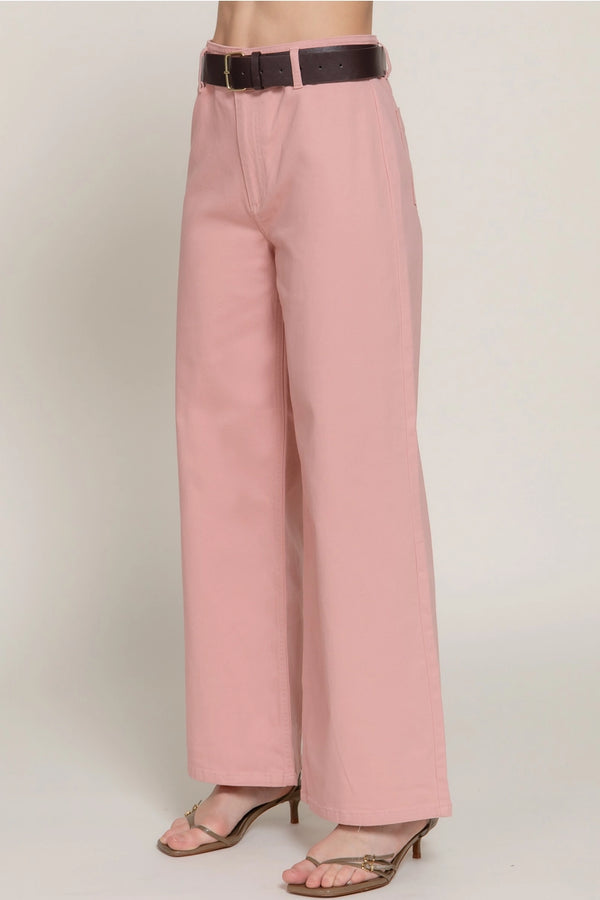 Belted Relaxed Leg Twill Stretch Pants - Pink