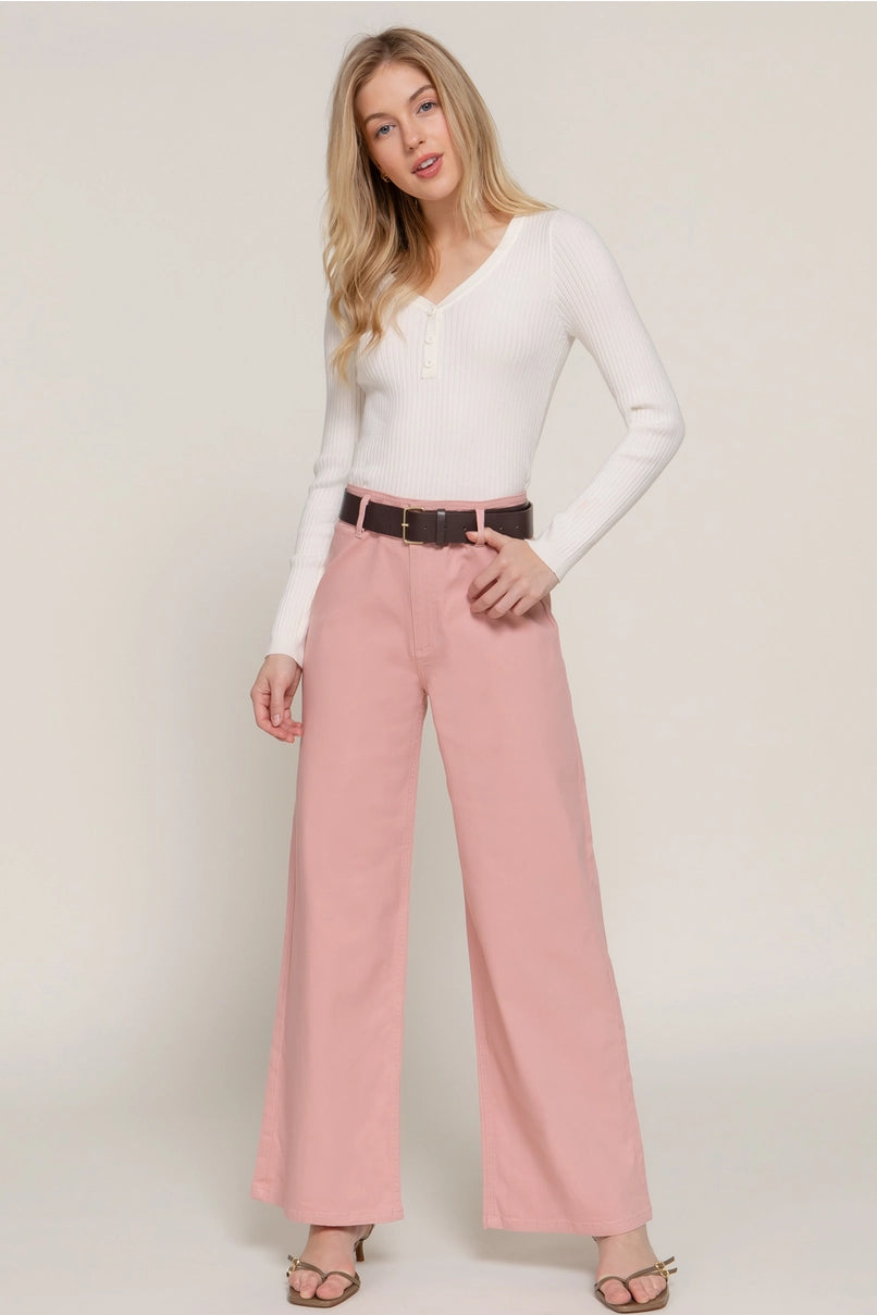 Belted Relaxed Leg Twill Stretch Pants - Pink