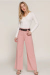 Belted Relaxed Leg Twill Stretch Pants - Pink