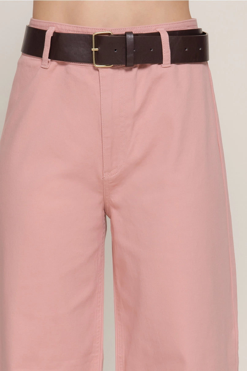 Belted Relaxed Leg Twill Stretch Pants - Pink