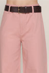 Belted Relaxed Leg Twill Stretch Pants - Pink