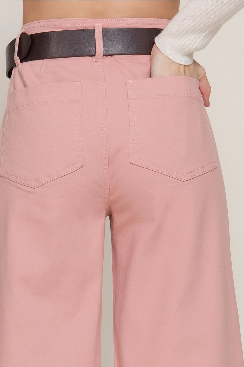 Belted Relaxed Leg Twill Stretch Pants - Pink