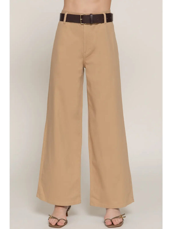 Belted Relaxed Leg Twill Stretch Pants - Khaki