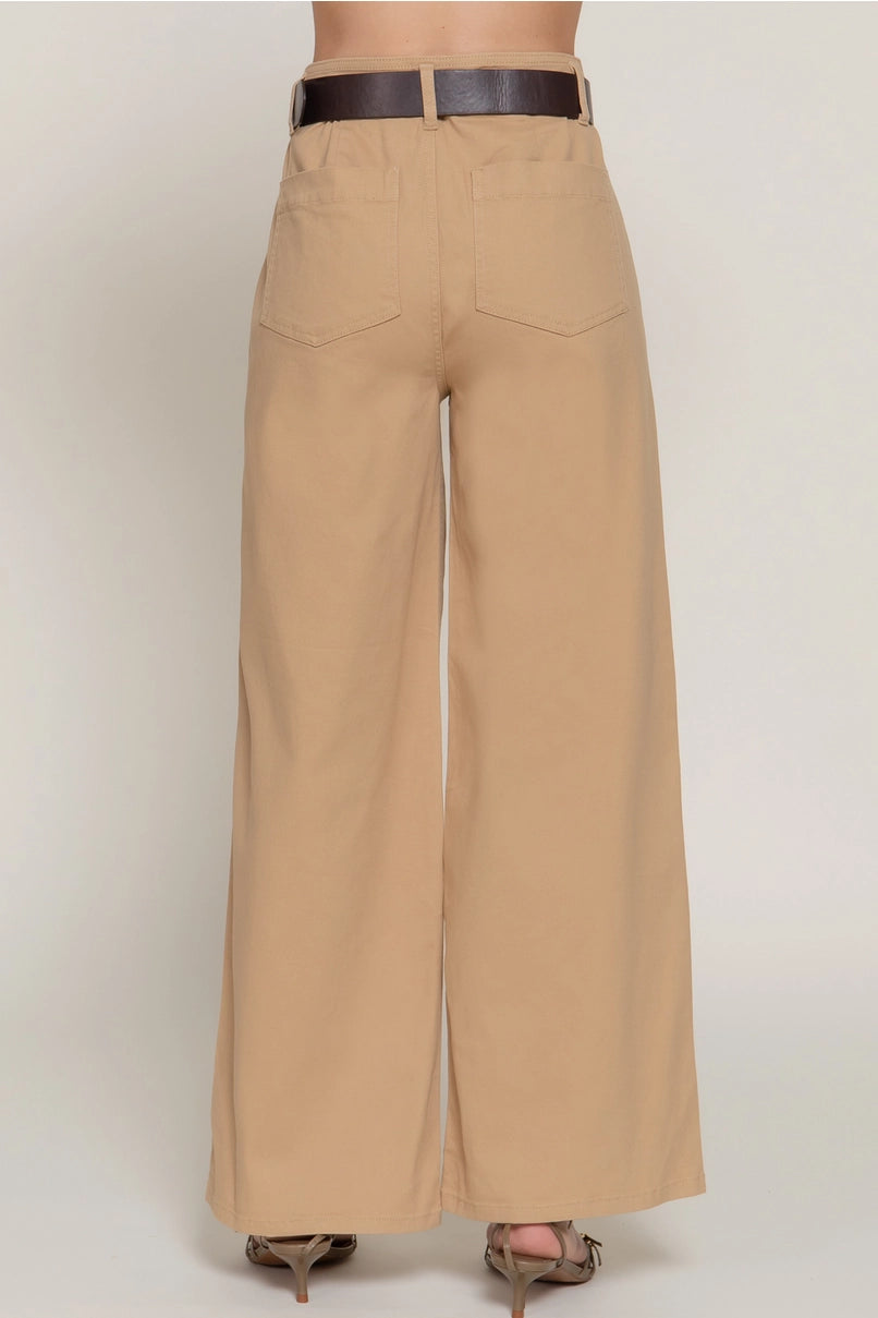 Belted Relaxed Leg Twill Stretch Pants - Khaki