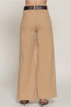 Belted Relaxed Leg Twill Stretch Pants - Khaki