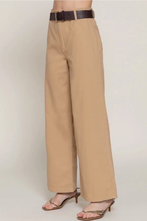 Belted Relaxed Leg Twill Stretch Pants - Khaki