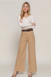 Belted Relaxed Leg Twill Stretch Pants - Khaki