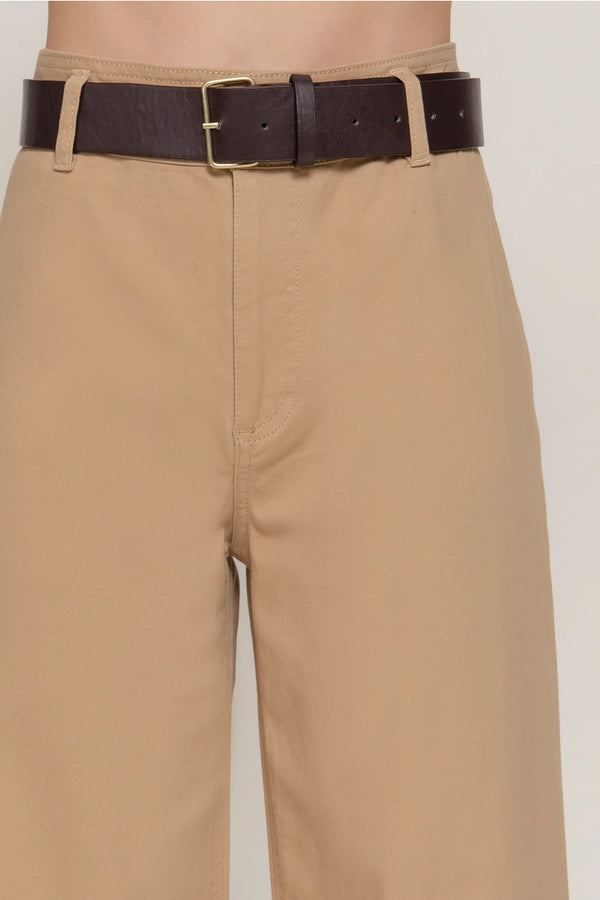 Belted Relaxed Leg Twill Stretch Pants - Khaki