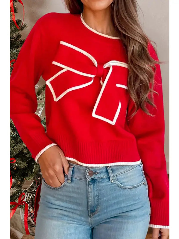 Big Bow Knot Contrast Trim Christmas Sweater