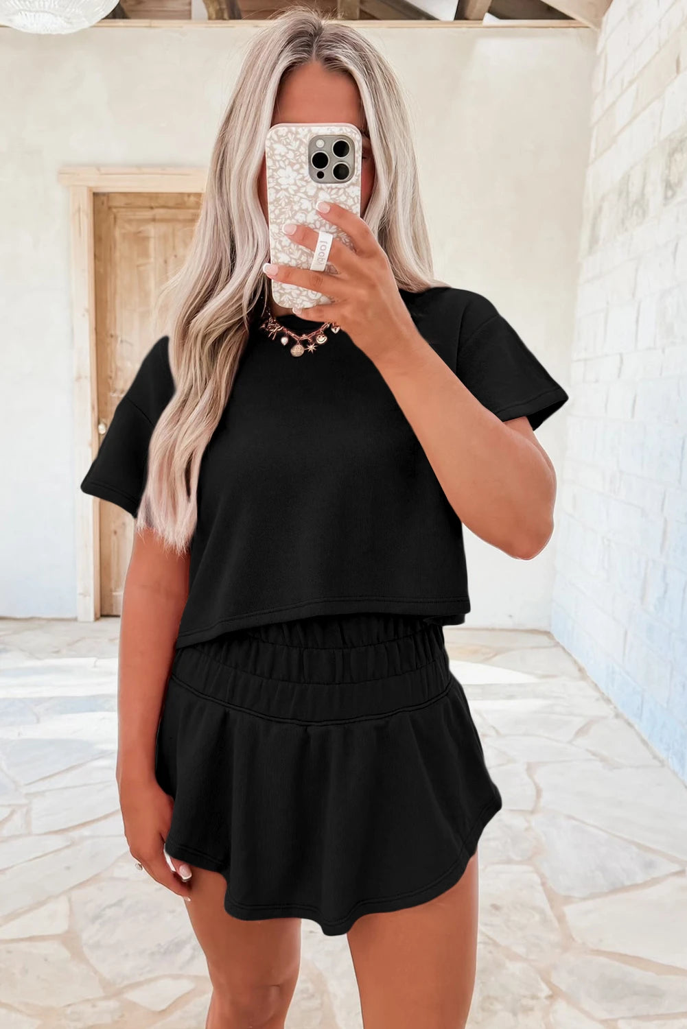 Black Cropped Top and Ruffle High Waist Skort Set