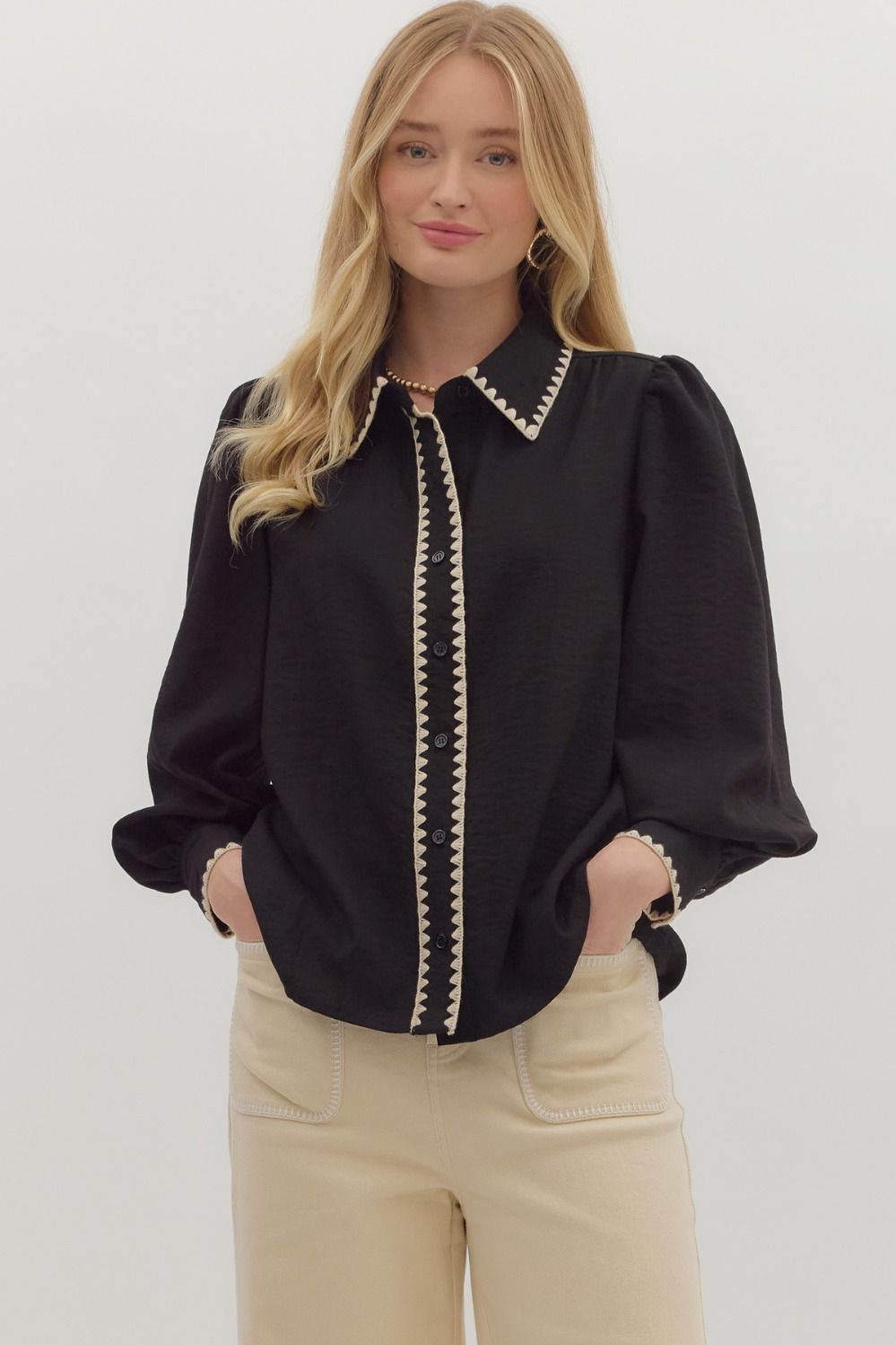 Black Long-Sleeved Top with Stitch Trim
