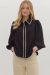 Black Long-Sleeved Top with Stitch Trim