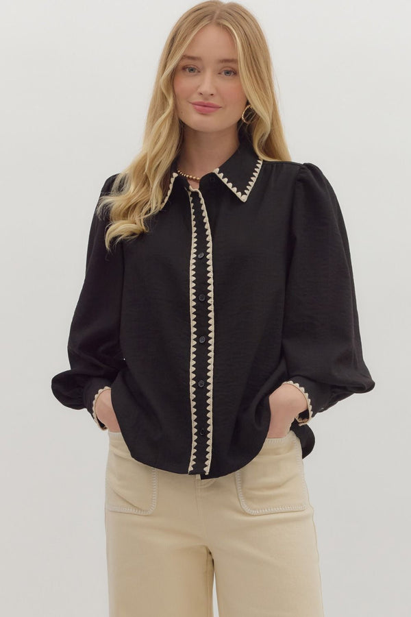 Black Long-Sleeved Top with Stitch Trim