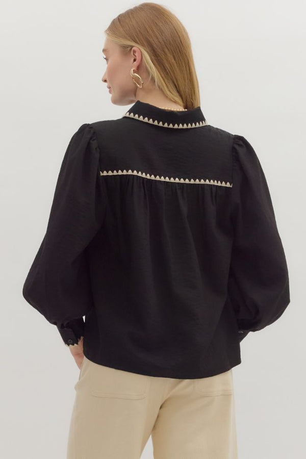 Black Long-Sleeved Top with Stitch Trim