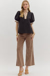 Black Puff Sleeve Top w Tan Trim