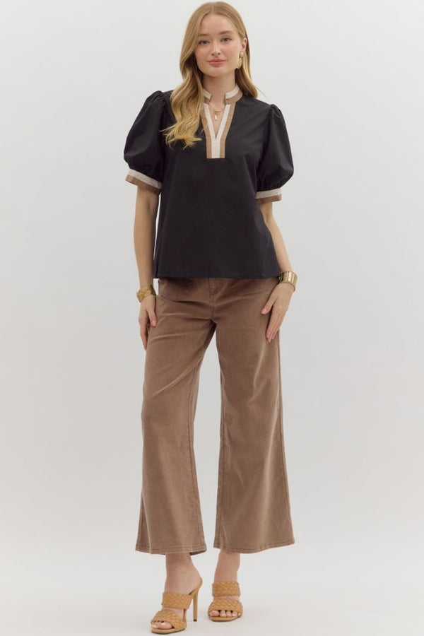 Black Puff Sleeve Top w Tan Trim