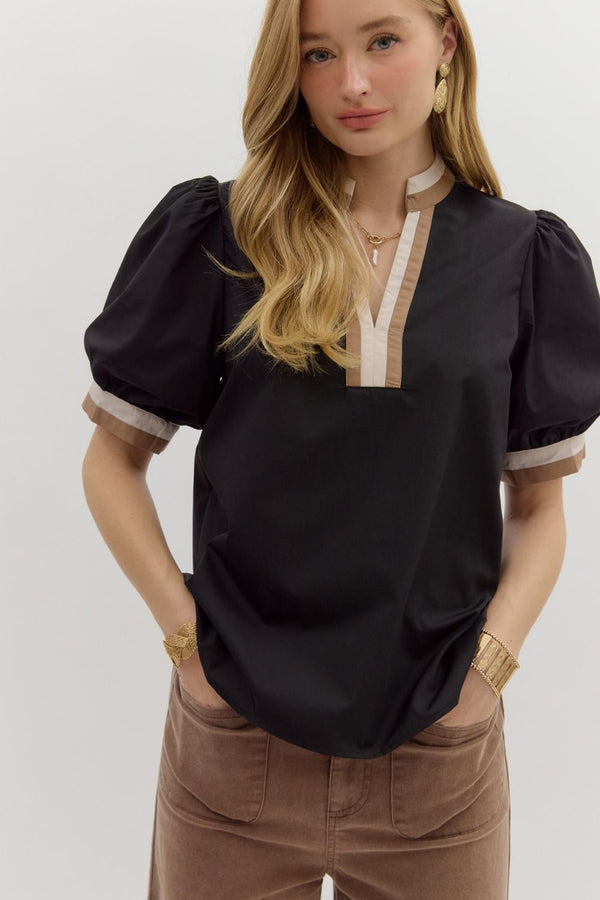 Black Puff Sleeve Top w Tan Trim