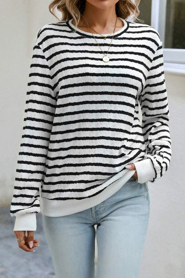 Black Stripe Round Neck Casual Long Sleeve Top